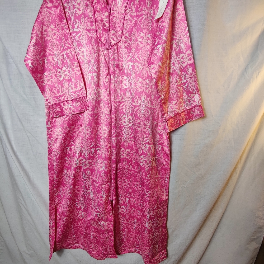 Miss Elaine Pink Satin Damask Robe M Full Zip Tassel Pockets Soft Lounge - Picture 5 of 15